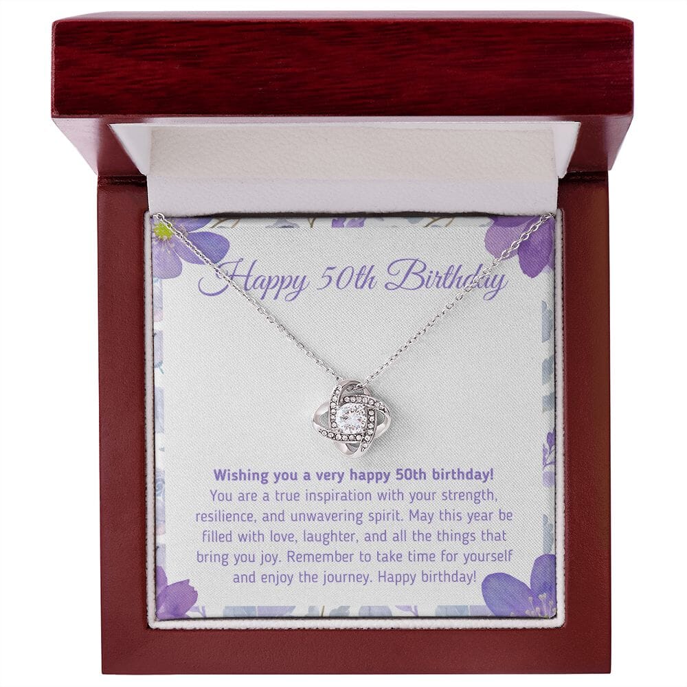 Beautiful "Happy 50th Birthday - You Are A True Inspiration" Knot Necklace Jewelry 14K White Gold Finish Mahogany Style Luxury Box (w/LED)