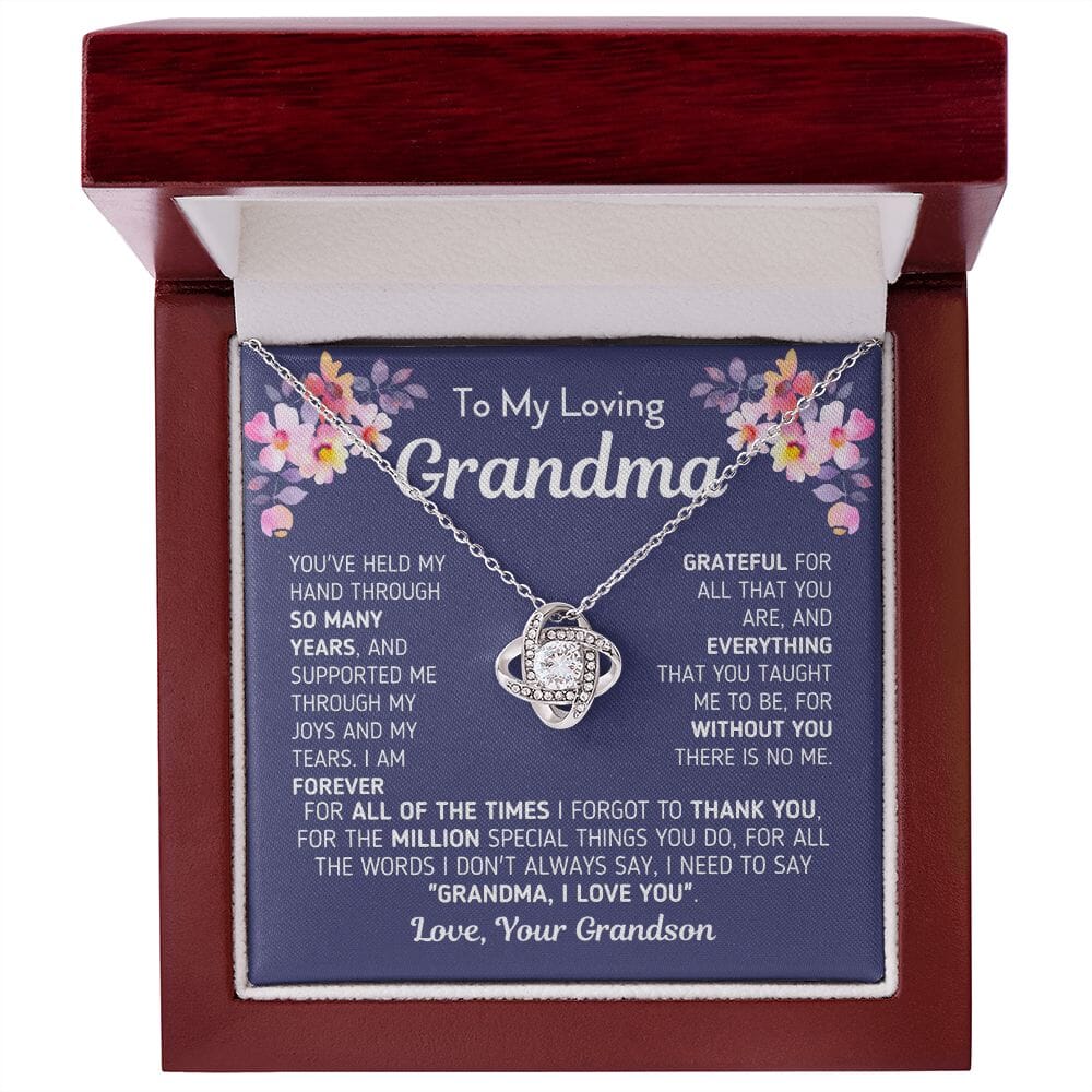 Gift for Grandma From Grandson "Without You There Is No Me" Knot Necklace Jewelry 14K White Gold Finish Mahogany Style Luxury Box (w/LED)