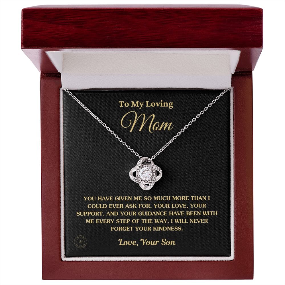 Gift for Mom From Son - "I Will Never Forget Your Kindness" Necklace Jewelry 14K White Gold Finish Mahogany Style Luxury Box (w/LED)