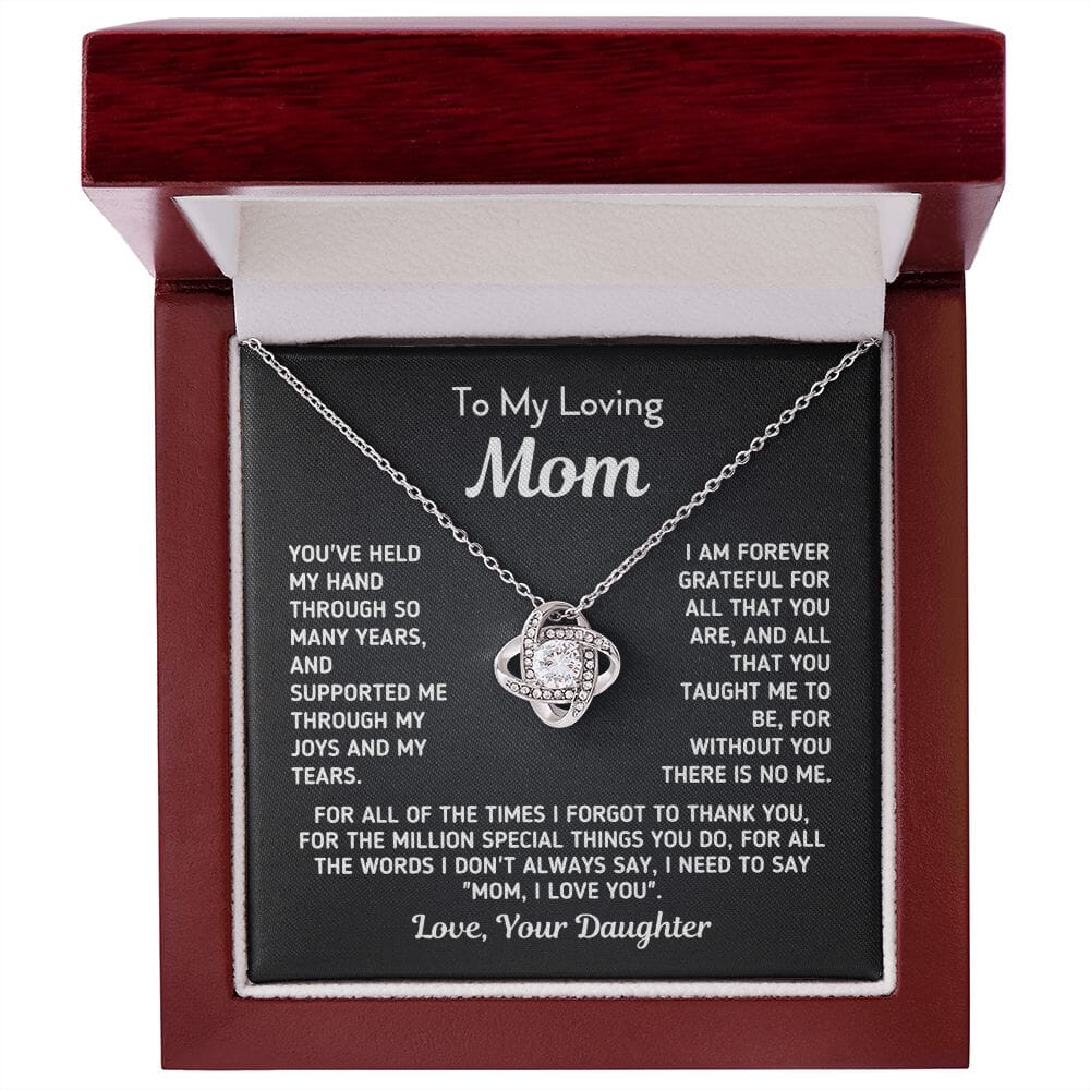 Gift for Mom From Daughter "Without You There Is No Me" Knot Necklace Jewelry 14K White Gold Finish Mahogany Style Luxury Box (w/LED)