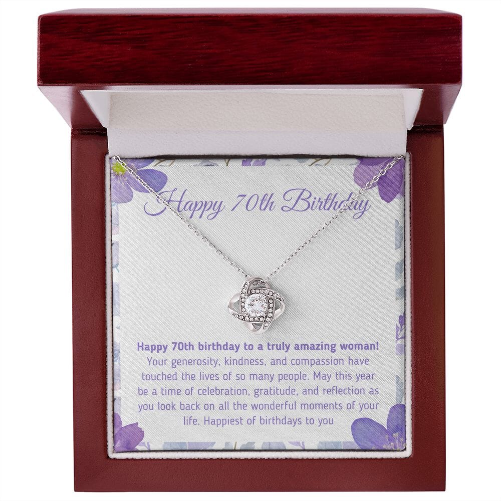 Beautiful "Happy 70th Birthday - To A Truly Amazing Woman" Knot Necklace Jewelry 14K White Gold Finish Mahogany Style Luxury Box (w/LED)