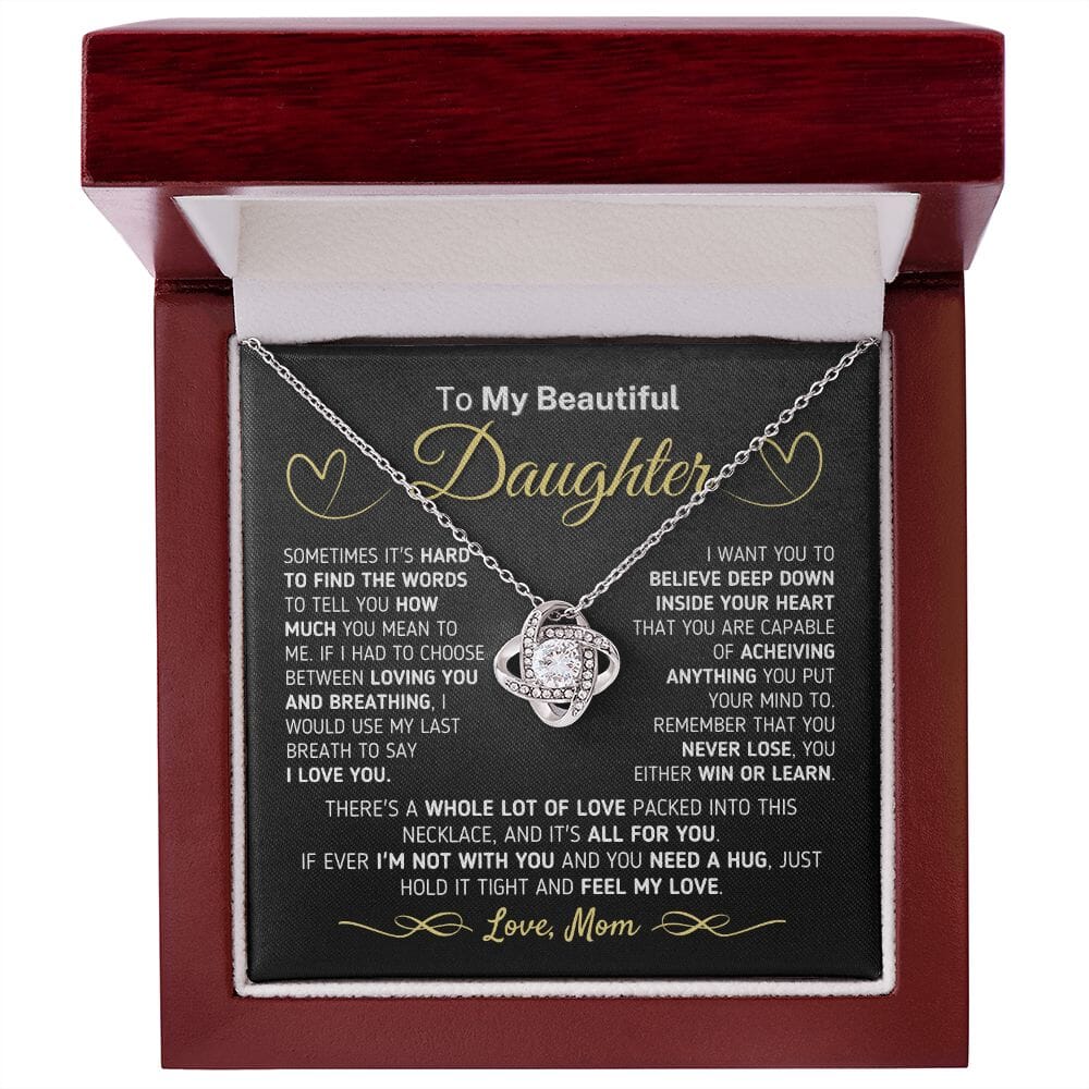 Gift for Daughter from Mom - If You Ever Need A Hug Love Knot Necklace Jewelry Mahogany Style Luxury Box (w/LED)