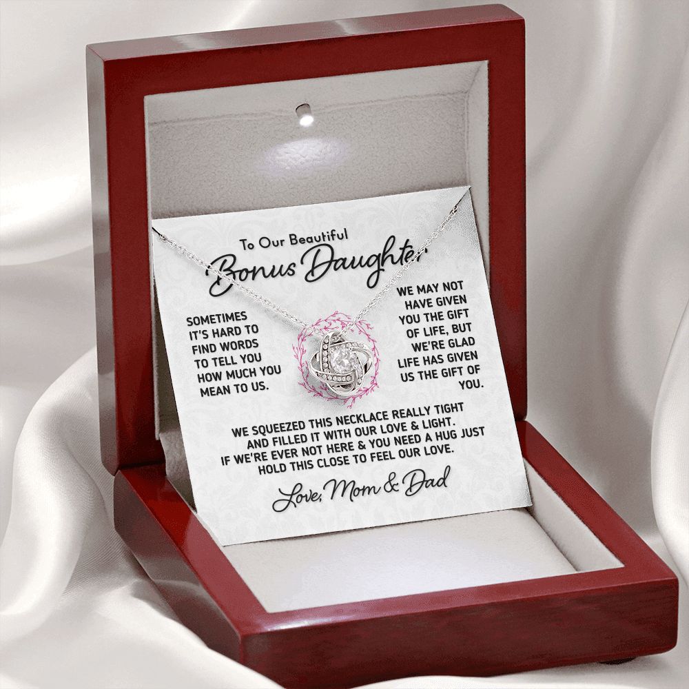Gift for Bonus Daughter "Gift Of You" Necklace From Mom and Dad Jewelry 14K White Gold Finish Mahogany Style Luxury Box (w/LED)