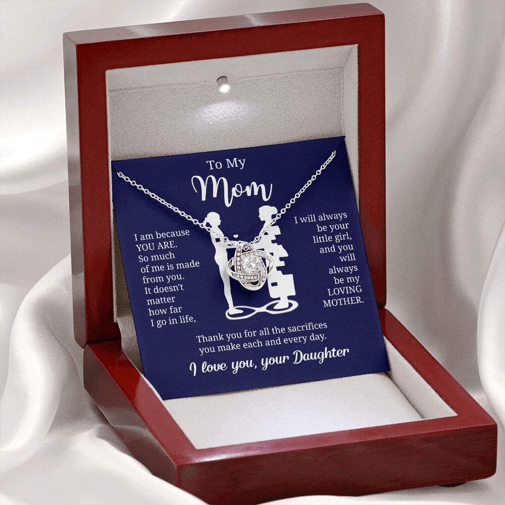 Gift For Mom From Daughter "I Am Because You Are" Knot Necklace Jewelry 14K White Gold Finish Mahogany Style Luxury Box (w/LED)