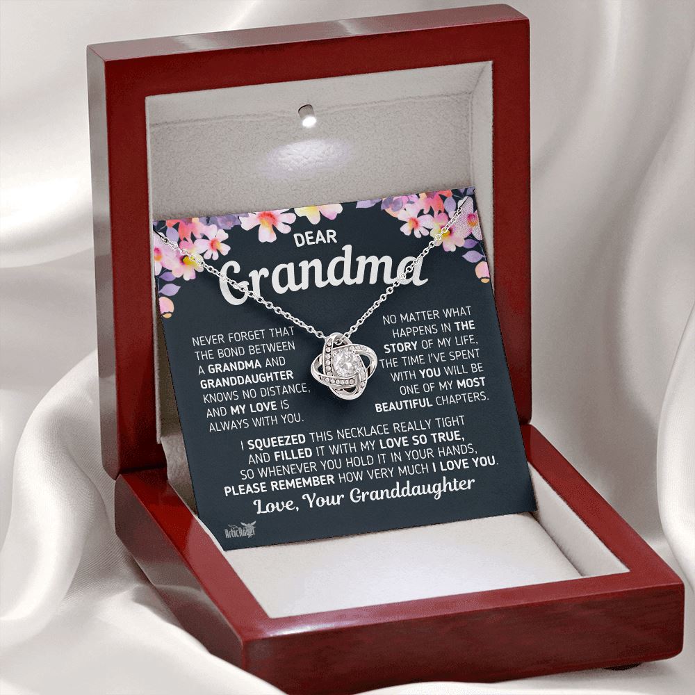 Gift For Grandma "The Bond Between a Grandma and Granddaughter" Necklace Jewelry 14K White Gold Finish Mahogany Style Luxury Box (w/LED)