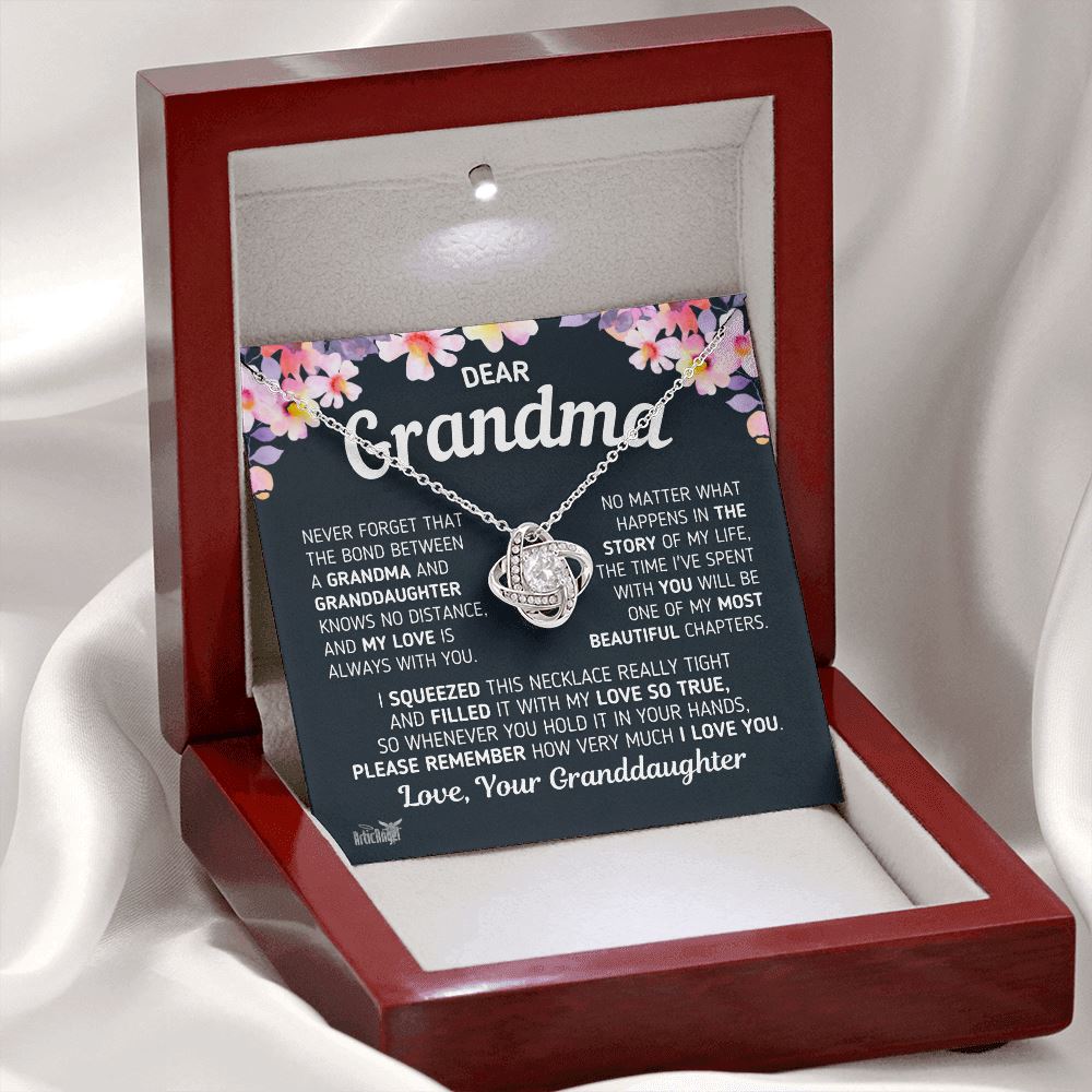 Gift For Grandma "The Bond Between a Grandma and Granddaughter" Necklace Jewelry 14K White Gold Finish Mahogany Style Luxury Box (w/LED) 