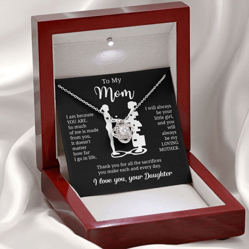 Gift For Mom From Daughter "I Am Because You Are" Necklace Jewelry 14K White Gold Finish Mahogany Style Luxury Box (w/LED) 
