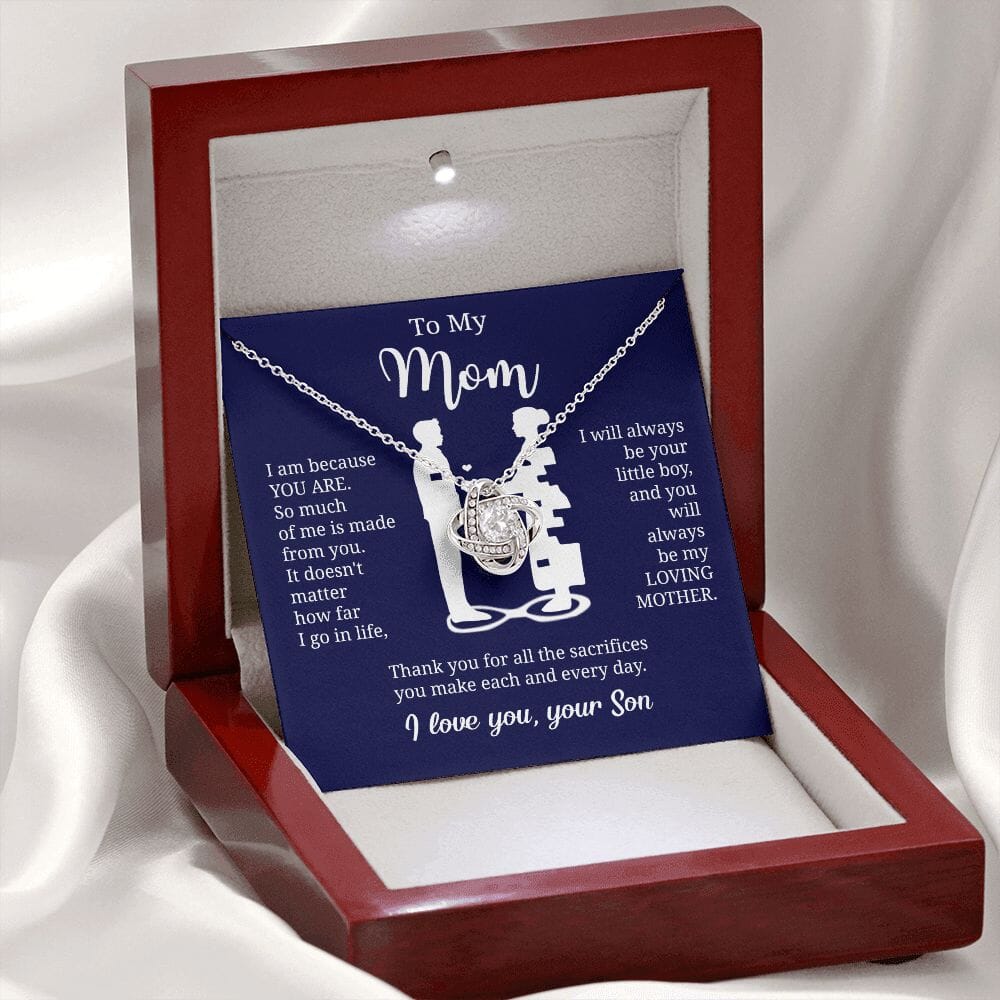 Gift For Mom From Son "I Am Because You Are" Knot Necklace Jewelry 14K White Gold Finish Mahogany Style Luxury Box (w/LED)