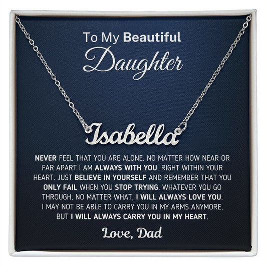 Custom Name Necklace for Daughter "Carry You In My Heart" From Dad Jewelry Polished Stainless Steel Two-Toned Gift Box 