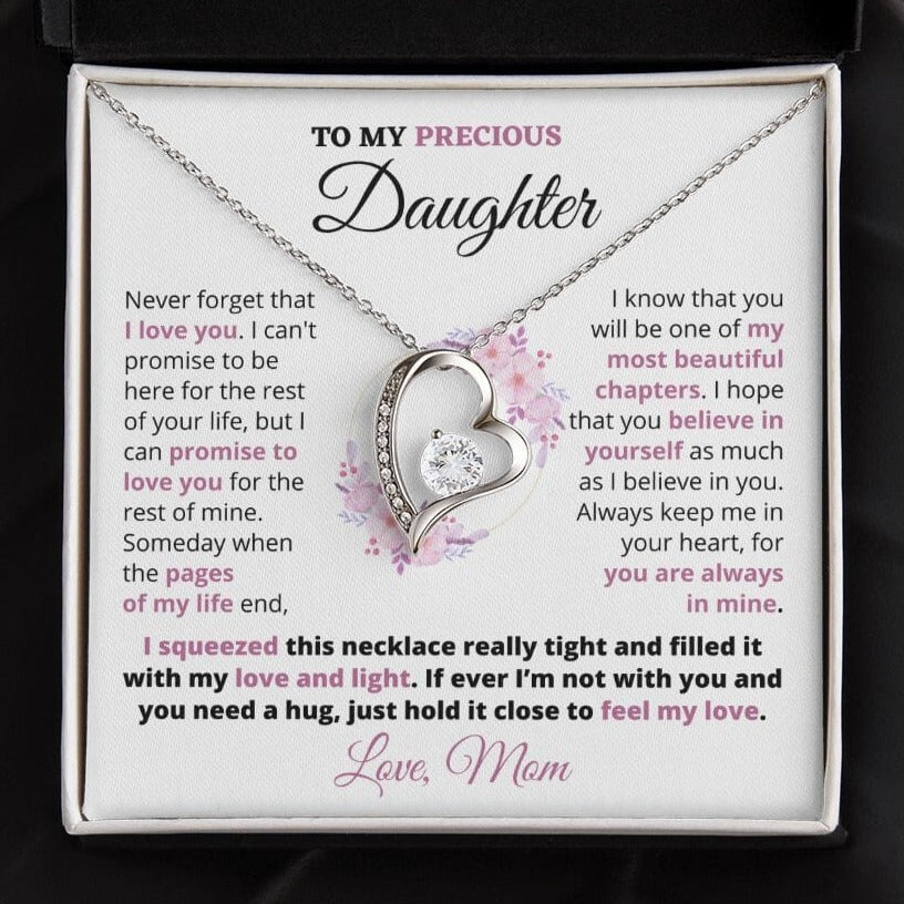 Gift For Precious Daughter "Always Keep Me In Your Heart" Love Mom Heart Necklace Jewelry 14k White Gold Finish Two-Toned Gift Box