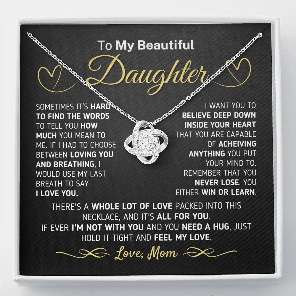 Gift for Daughter from Mom - If You Ever Need A Hug Love Knot Necklace Jewelry Two-Toned Gift Box