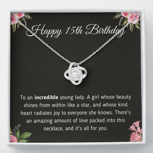 Happy 15th Birthday - Love Knot Necklace Jewelry Two-Toned Gift Box