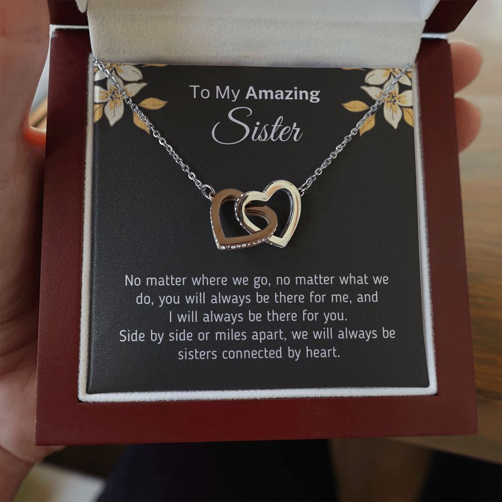 Beautiful Necklace for Sister "Connected By Heart" Jewelry Mahogany Style Luxury Box (w/LED)