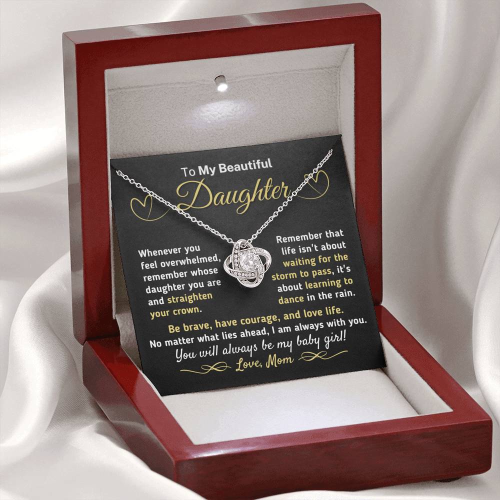 Gift for Daughter From Mom - "Straighten Your Crown" Knot Necklace Jewelry Mahogany Style Luxury Box (w/LED)