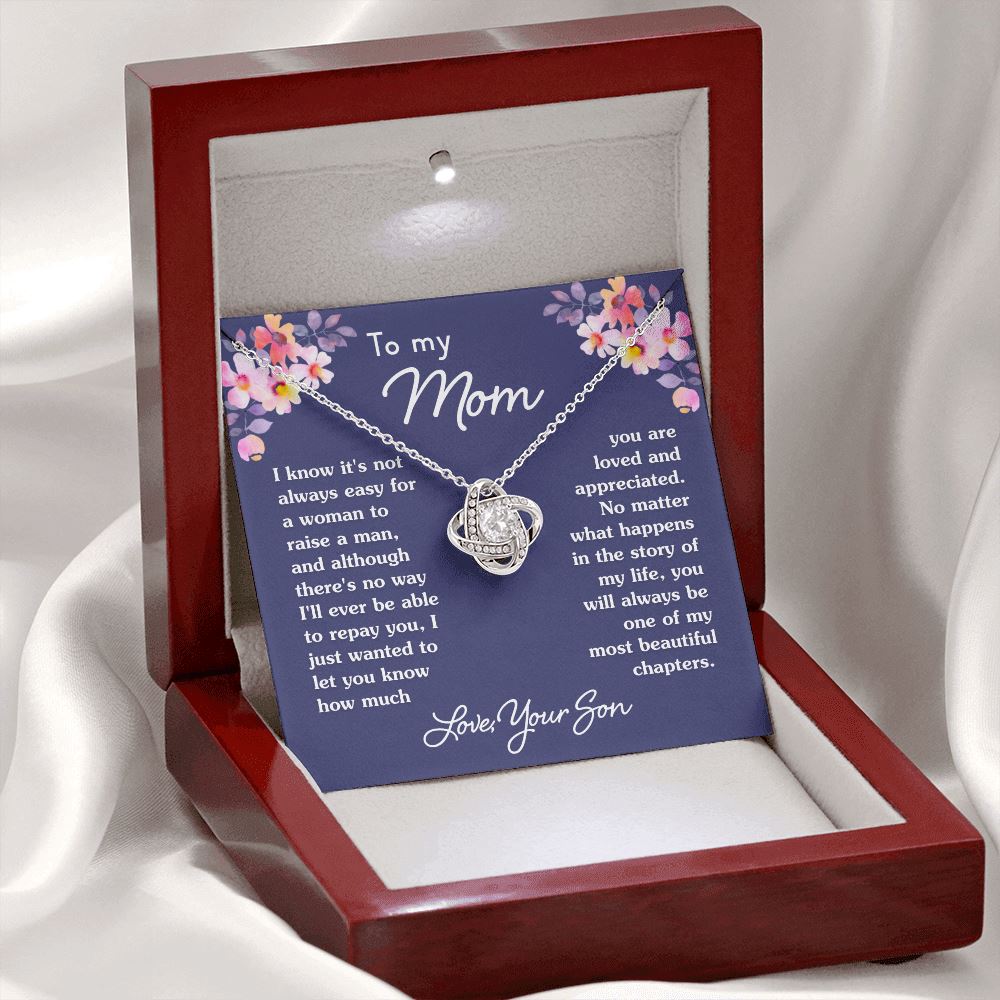 Gift For Mom From Son "Most Beautiful Chapters" Necklace Jewelry Mahogany Style Luxury Box (w/LED)