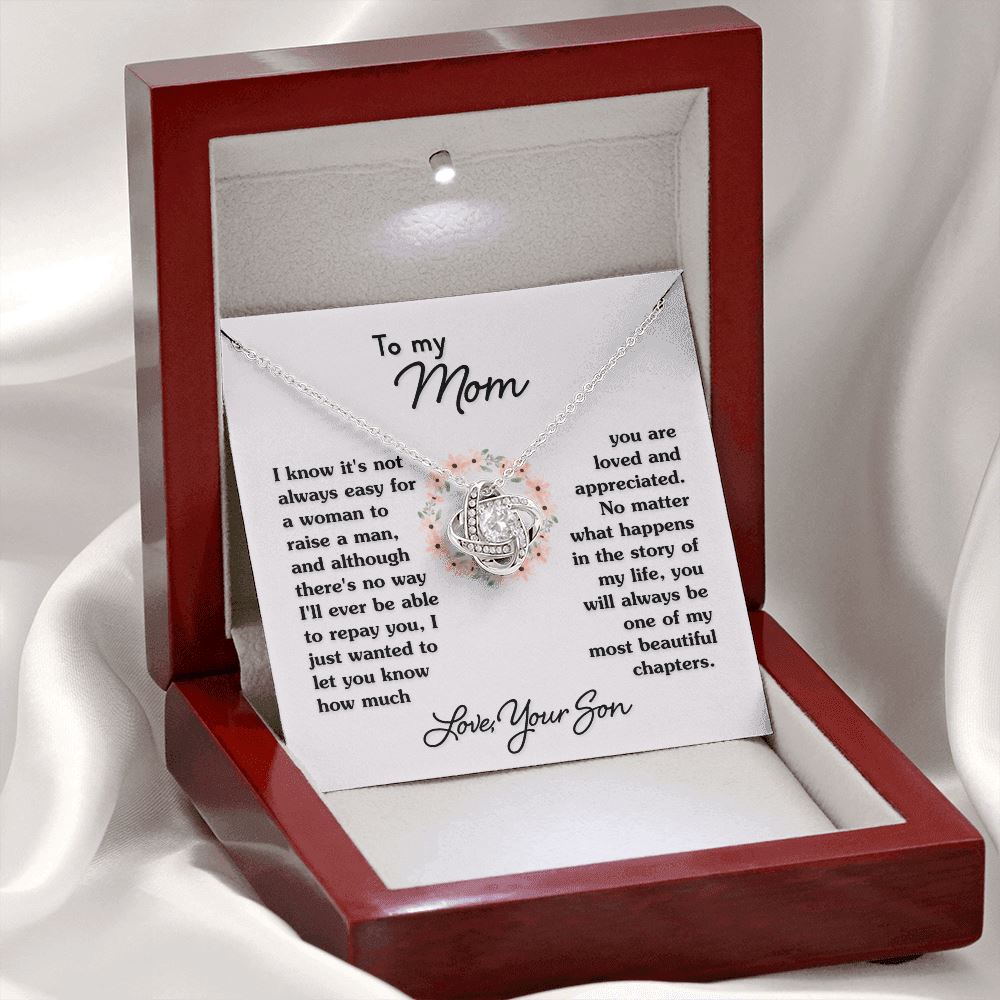 Gift For Mom From Son "Most Beautiful Chapters" Necklace Jewelry Mahogany Style Luxury Box (w/LED)