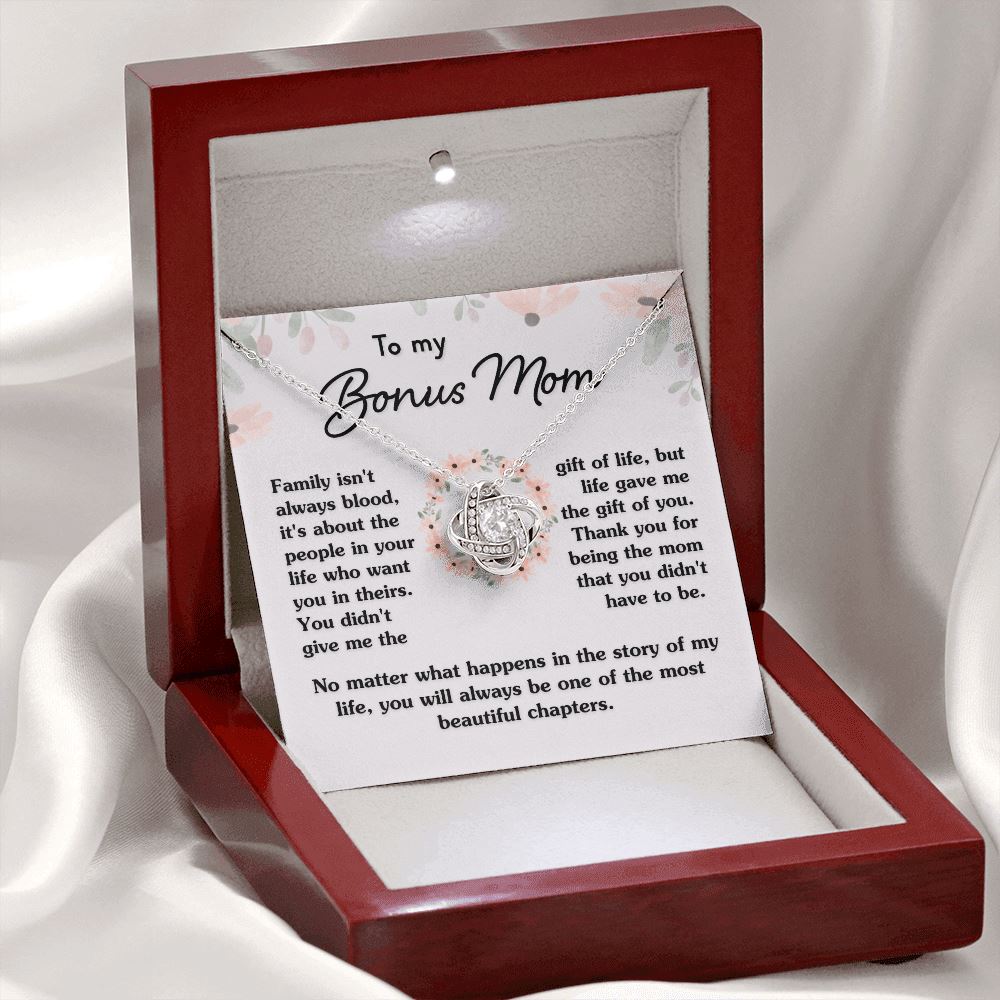 Gift For Bonus Mom "Most Beautiful Chapters" Necklace Jewelry Mahogany Style Luxury Box (w/LED)