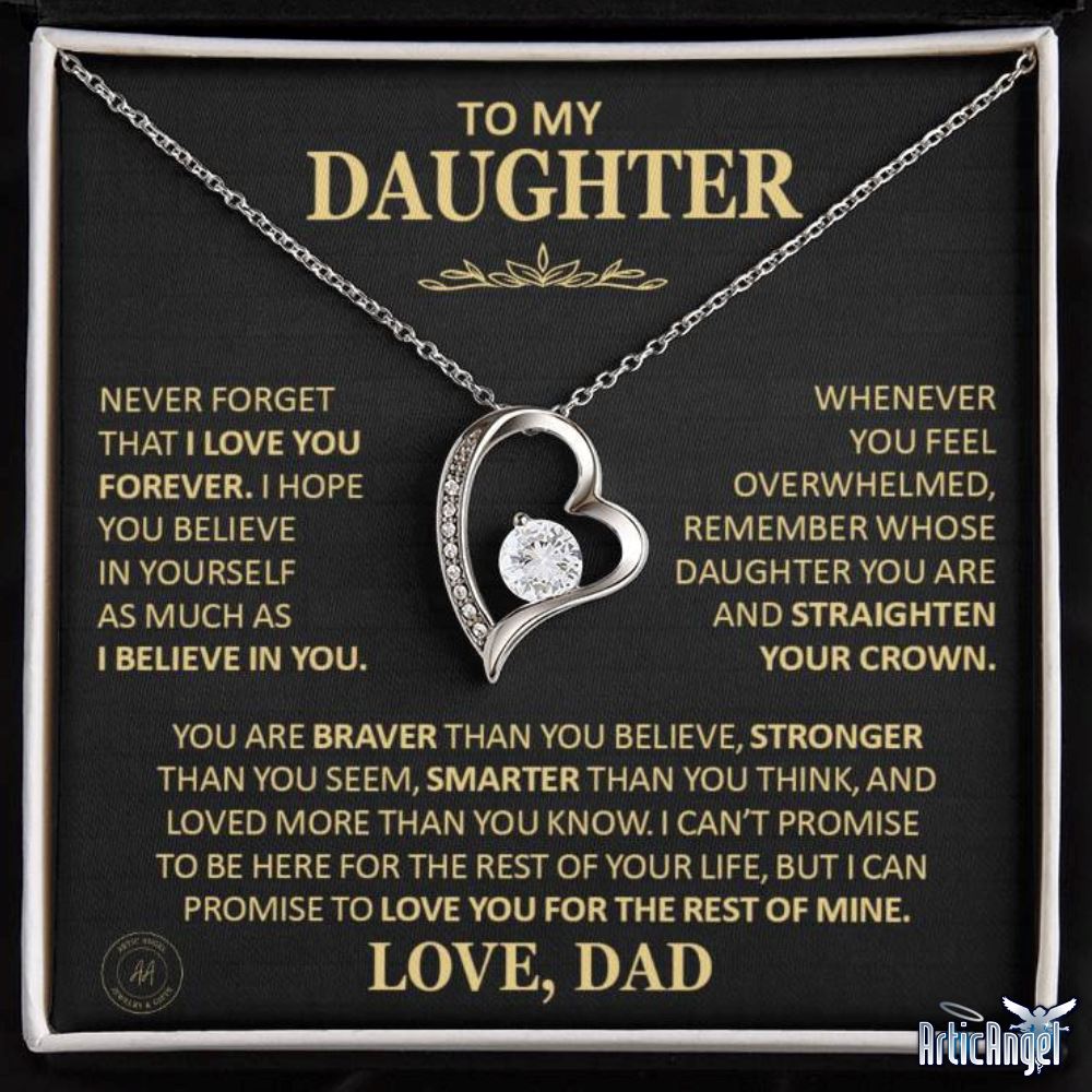 Unique Gift for Daughter From Dad "Never Forget That I Love You" Heart Necklace Jewelry 14k White Gold Finish Two-Toned Gift Box 