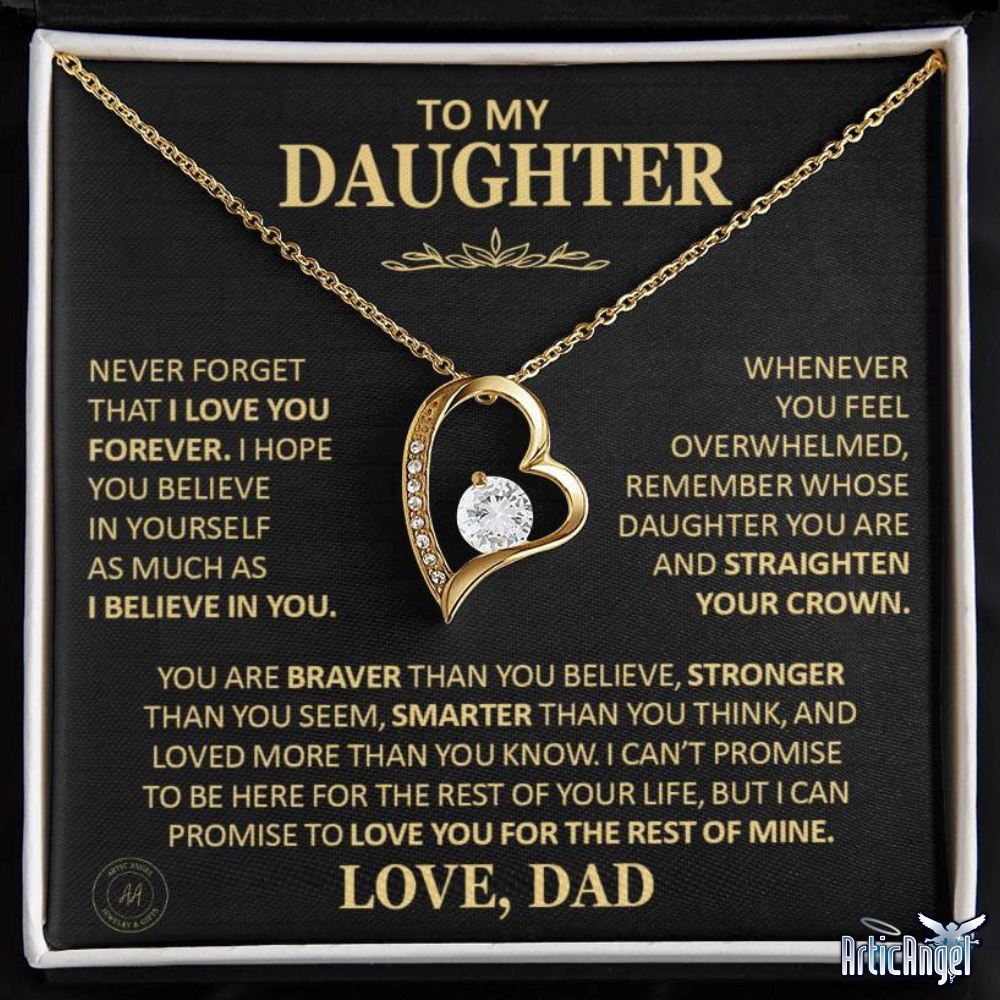 Unique Gift for Daughter From Dad "Never Forget That I Love You" Heart Necklace Jewelry 18k Yellow Gold Finish Two-Toned Gift Box 