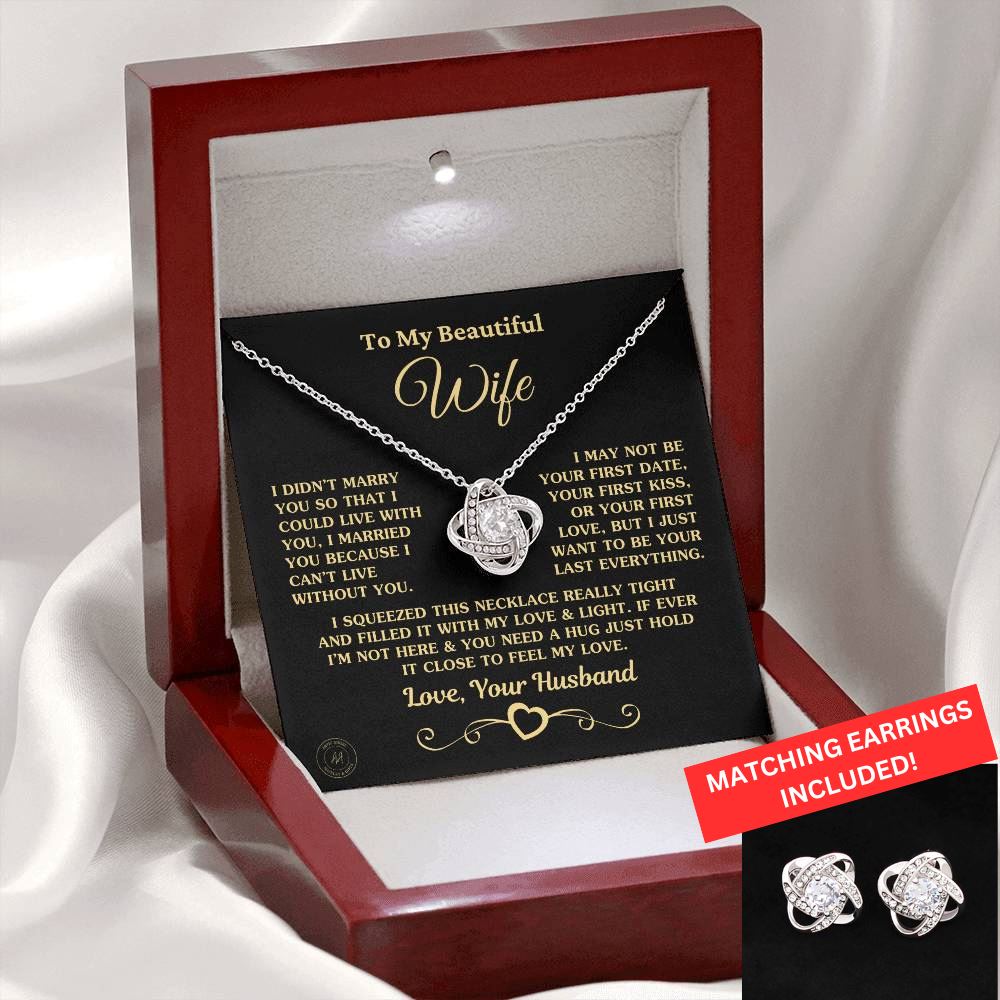 Unique Gift for Wife "I Can't Live Without You" Knot Necklace and Earrings Jewelry 