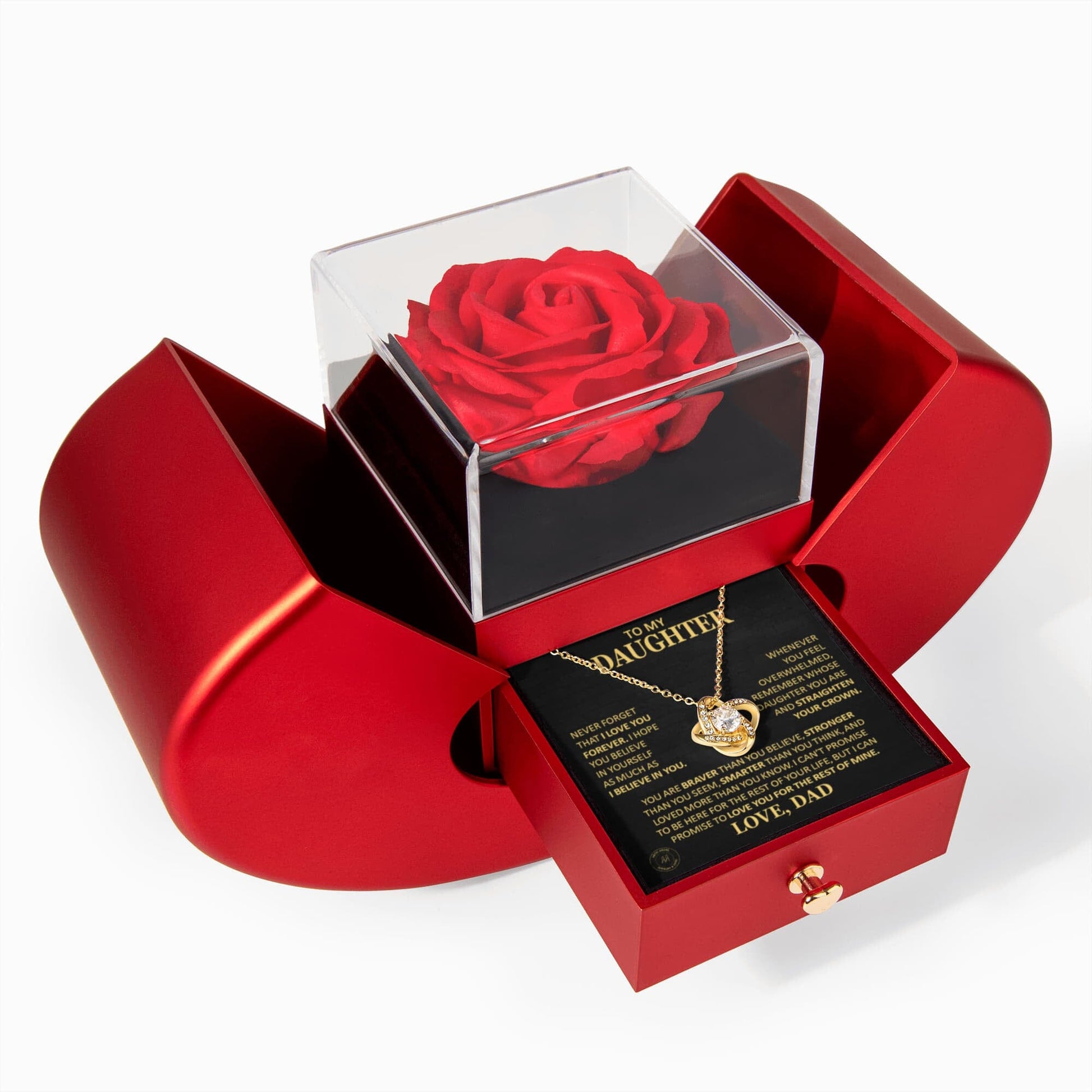 Beautiful Gift for Daughter From Dad "Never Forget That I Love You" Necklace With Heart Box and Red Rose Surprise Jewelry 18k Yellow Gold Finish 