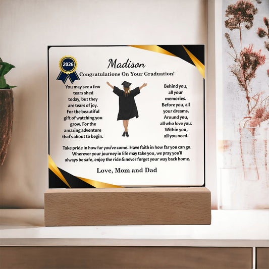 Custom Graduation Gift "The Beautiful Gift of Watching You Grow" Acrylic Plaque Acrylic Plaque Battery Powered LED Base (Most Popular) 