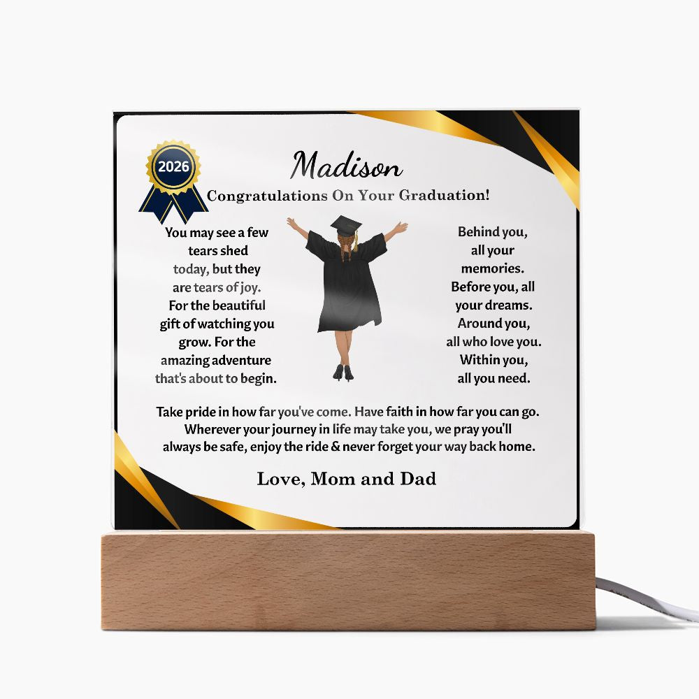 Custom Graduation Gift "The Beautiful Gift of Watching You Grow" Acrylic Plaque Acrylic Plaque LED Corded Base 
