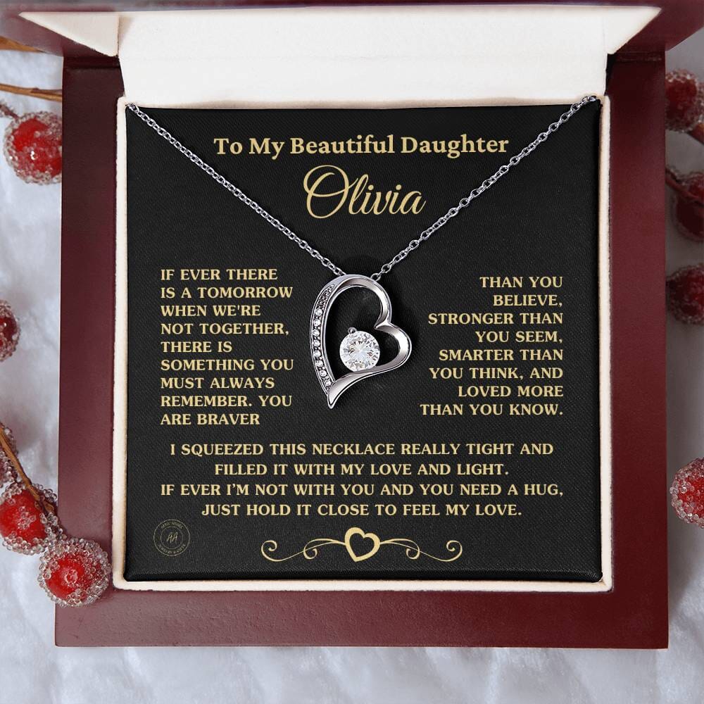 Gift For Daughter "Always Keep Me In Your Heart" Custom Necklace Jewelry 14k White Gold Finish Mahogany Style Luxury Box (w/LED) 