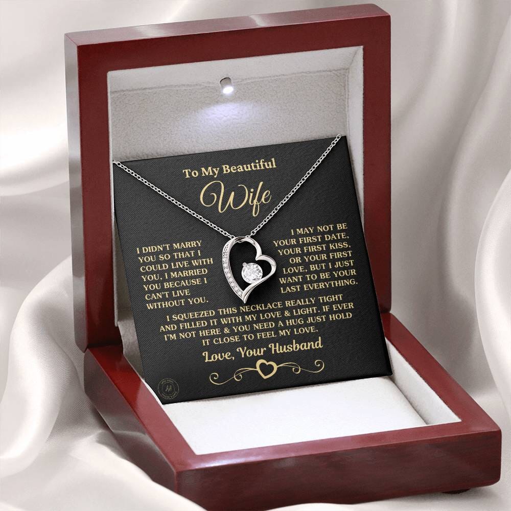 Special Gift for Wife "I Can't Live Without You" Gold Heart Necklace Jewelry 14k White Gold Finish Mahogany Style Luxury Box (w/LED) 