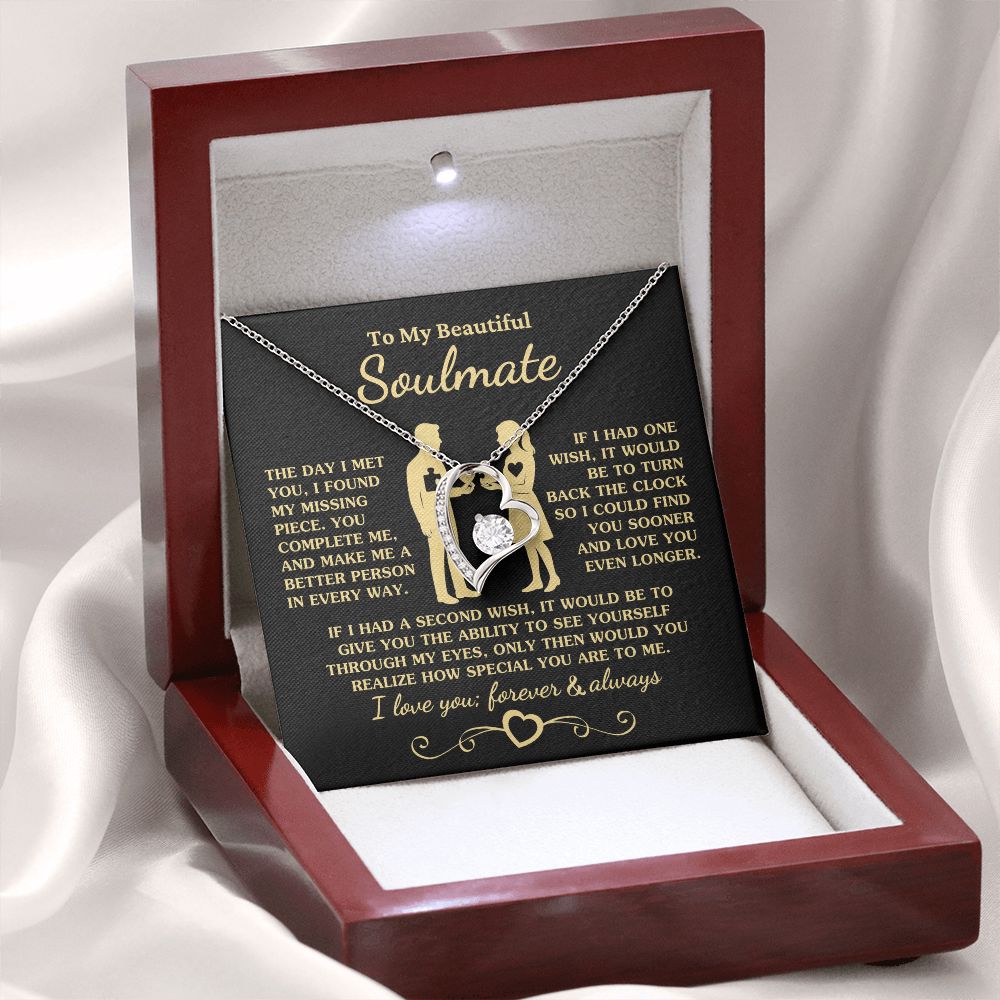 Gift for Soulmate "You Complete Me" Heart Necklace Jewelry 14k White Gold Finish Mahogany Style Luxury Box (w/LED) 