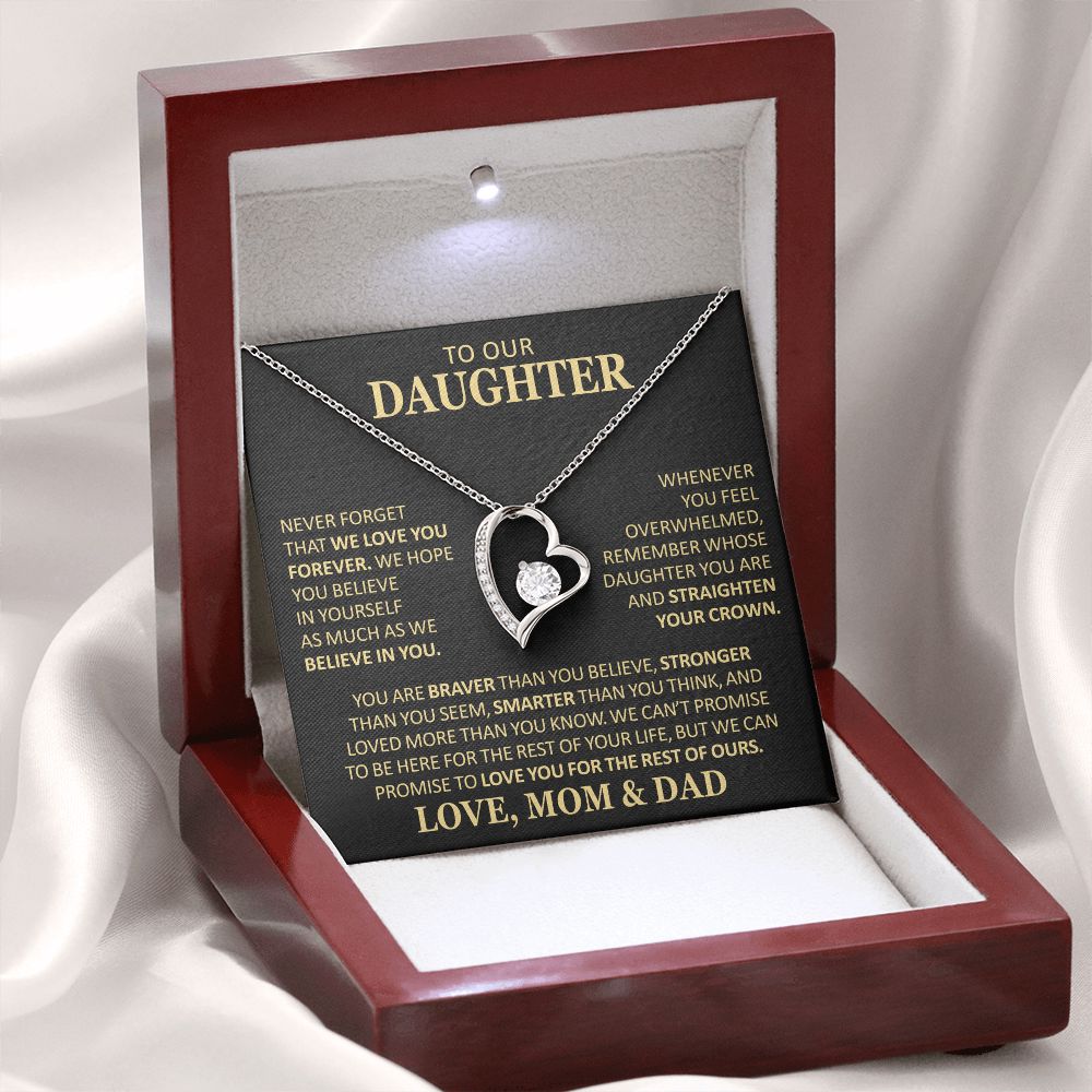 Beautiful Gift for Daughter From Mom and Dad "Never Forget That We Love You" Heart Necklace Jewelry 14k White Gold Finish Mahogany Style Luxury Box (w/LED) 