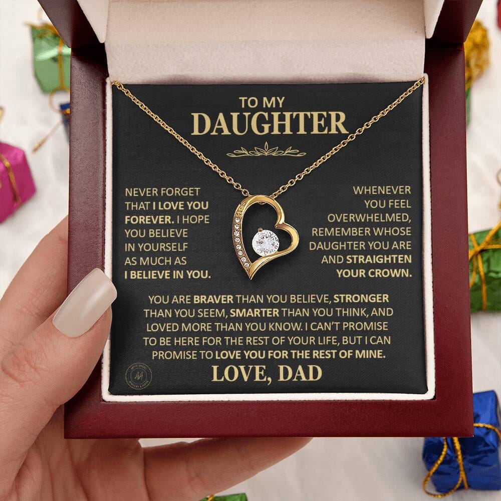 Unique Gift for Daughter From Dad "Never Forget That I Love You" Heart Necklace Jewelry 18k Yellow Gold Finish Mahogany Style Luxury Box (w/LED) 