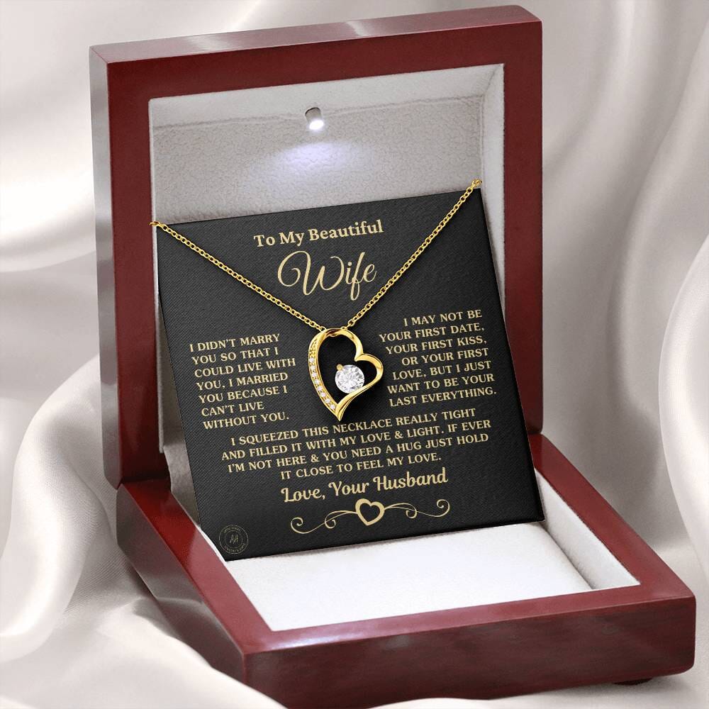 Special Gift for Wife "I Can't Live Without You" Gold Heart Necklace Jewelry 18k Yellow Gold Finish Mahogany Style Luxury Box (w/LED) 