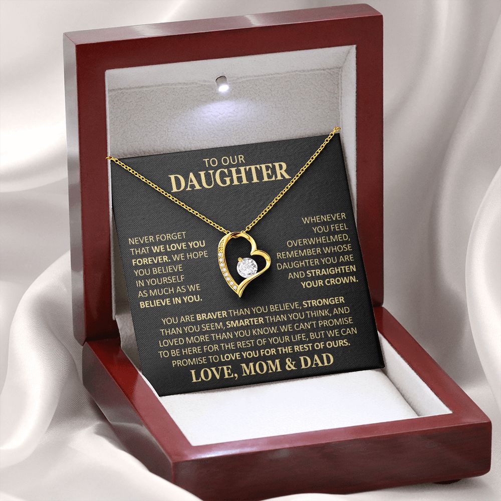 Beautiful Gift for Daughter From Mom and Dad "Never Forget That We Love You" Heart Necklace Jewelry 18k Yellow Gold Finish Mahogany Style Luxury Box (w/LED) 