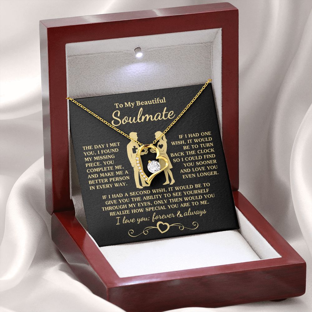 Gift for Soulmate "You Complete Me" Heart Necklace Jewelry 18k Yellow Gold Finish Mahogany Style Luxury Box (w/LED) 
