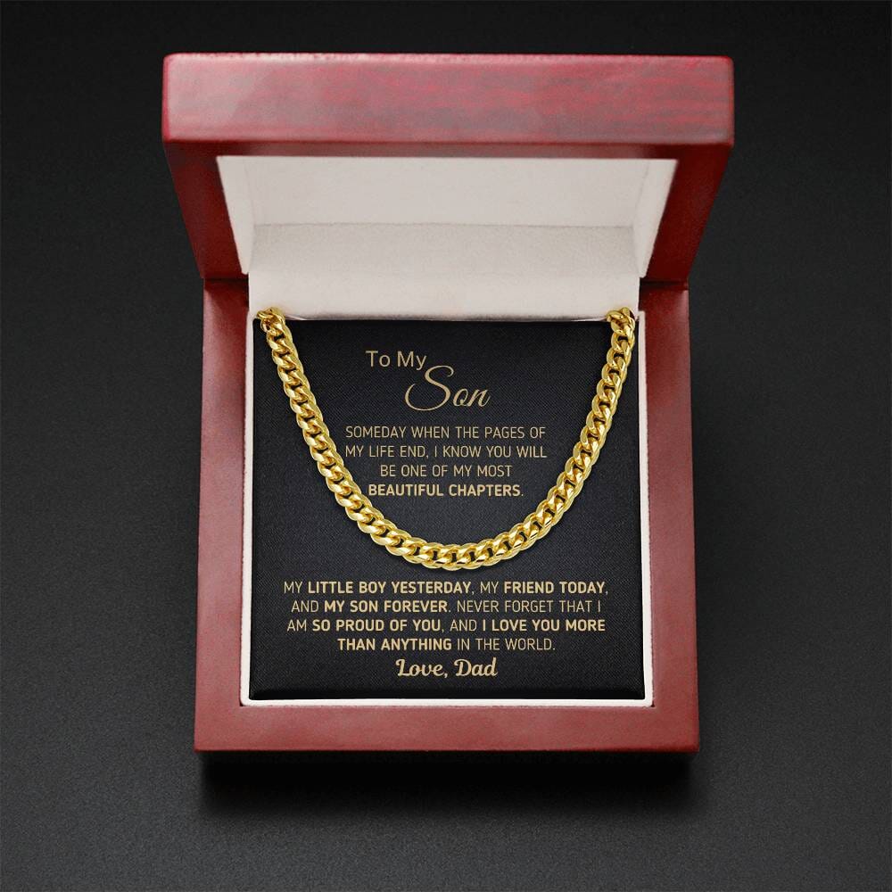 Gift for Son From Dad "Beautiful Chapters" Chain Necklace Jewelry 14K Yellow Gold Finish Mahogany Style Luxury Box (w/LED) 