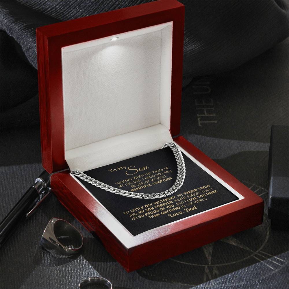 Gift for Son From Dad "Beautiful Chapters" Chain Necklace Jewelry Stainless Steel Mahogany Style Luxury Box (w/LED) 