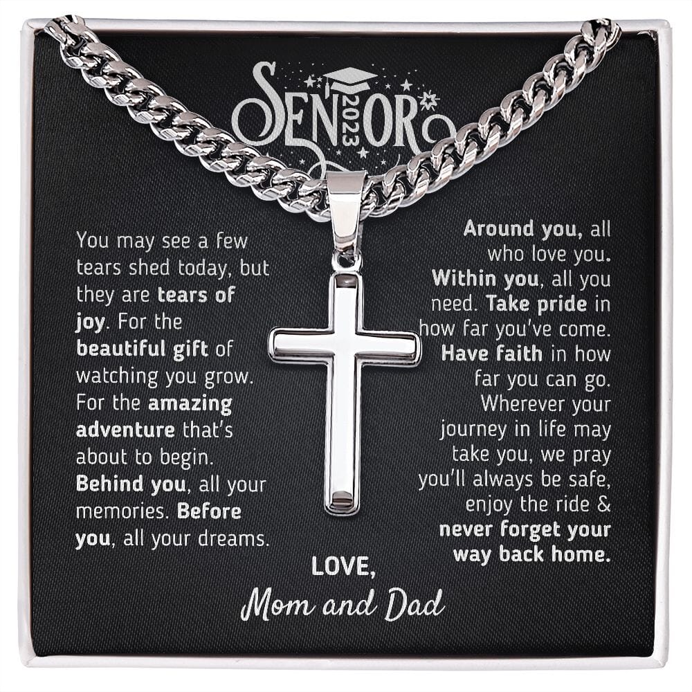 Graduation Gift For Son 2023 "The Beautiful Gift" Love, Mom and Dad Cross Necklace Jewelry Two-Toned Gift Box 