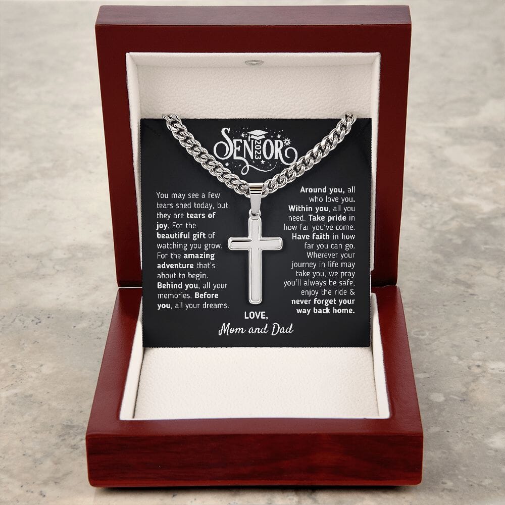 Graduation Gift For Son 2023 "The Beautiful Gift" Love, Mom and Dad Cross Necklace Jewelry Mahogany Style Luxury Box (w/LED) 