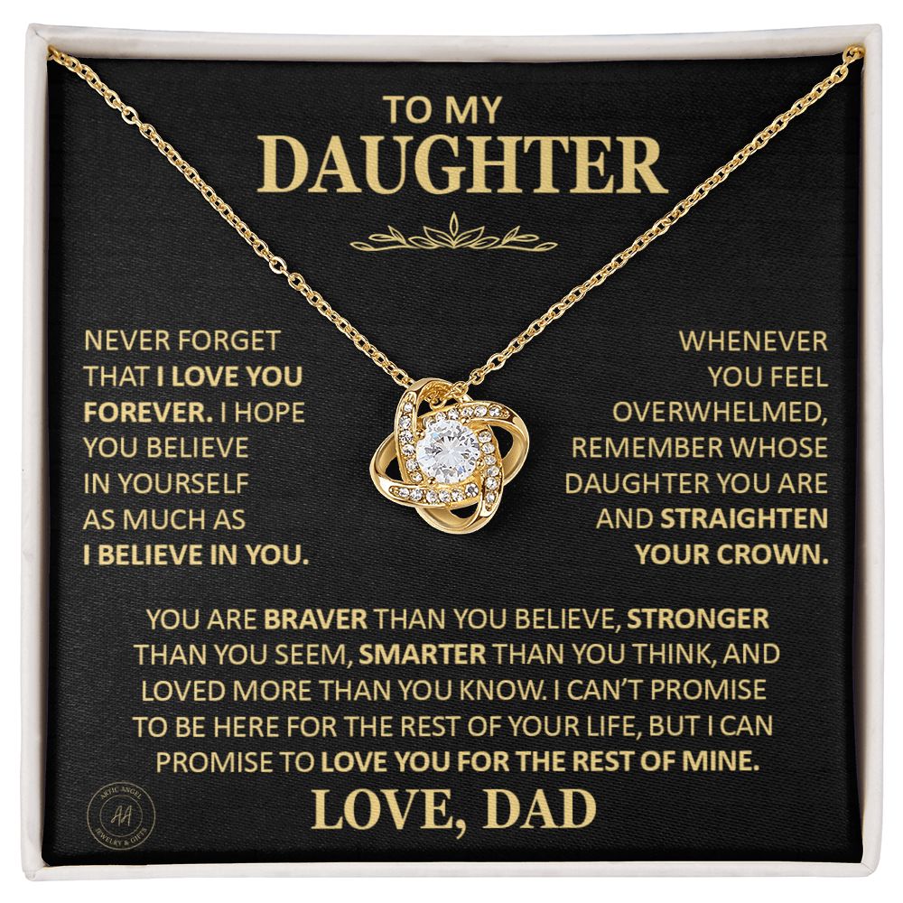 Beautiful Gift for Daughter From Dad "Never Forget That I Love You" Love Knot Necklace Jewelry 18K Yellow Gold Finish Two-Toned Gift Box 