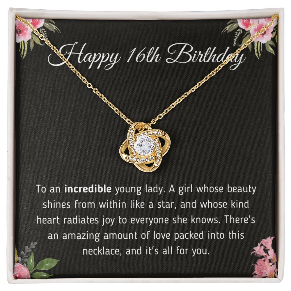 Happy 16th Birthday "Incredible Young Lady" Love Knot Necklace Jewelry 18K Yellow Gold Finish Two-Toned Gift Box 