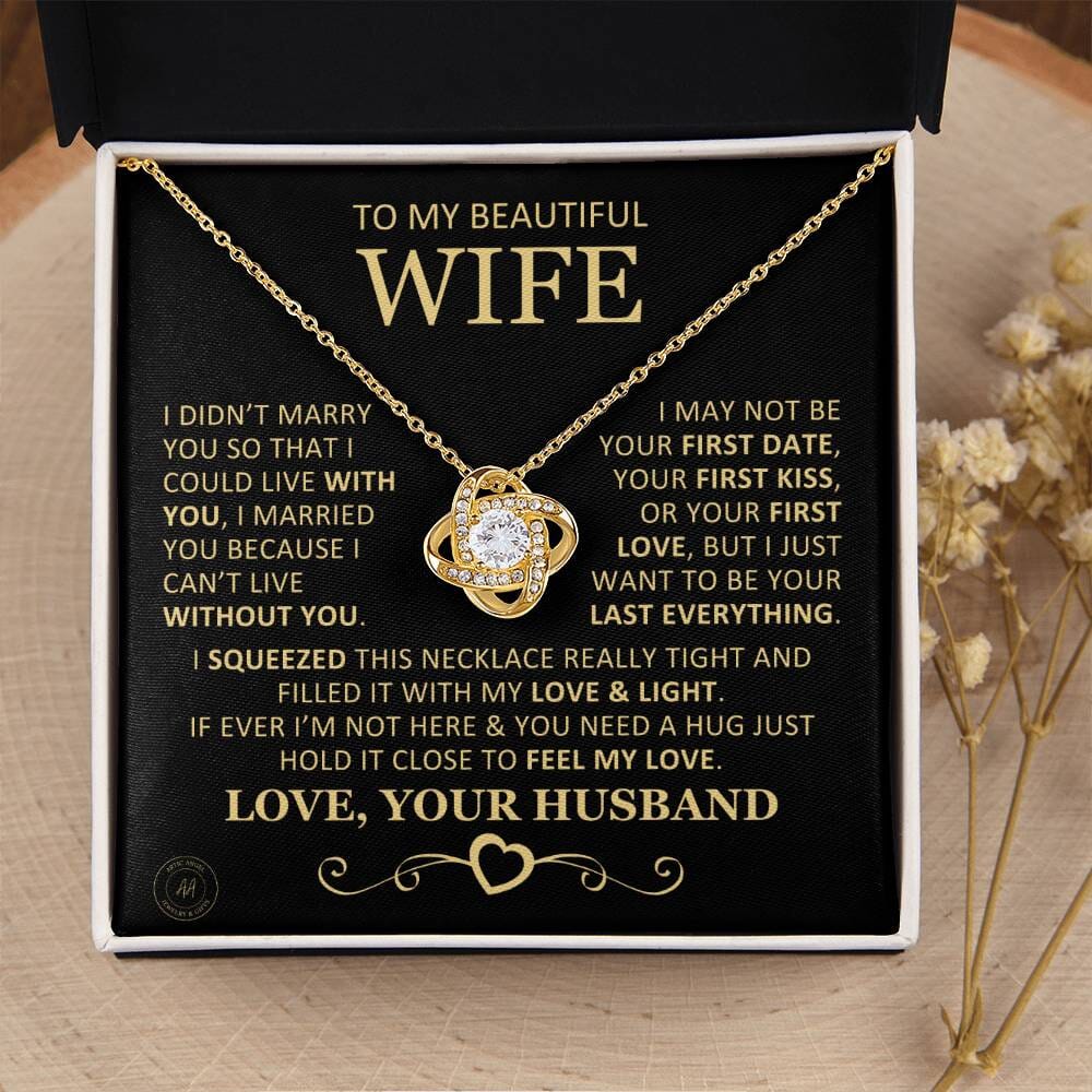 Unique Gift for Wife "I Can't Live Without You" Knot Necklace Jewelry 18K Yellow Gold Finish Two-Toned Gift Box 