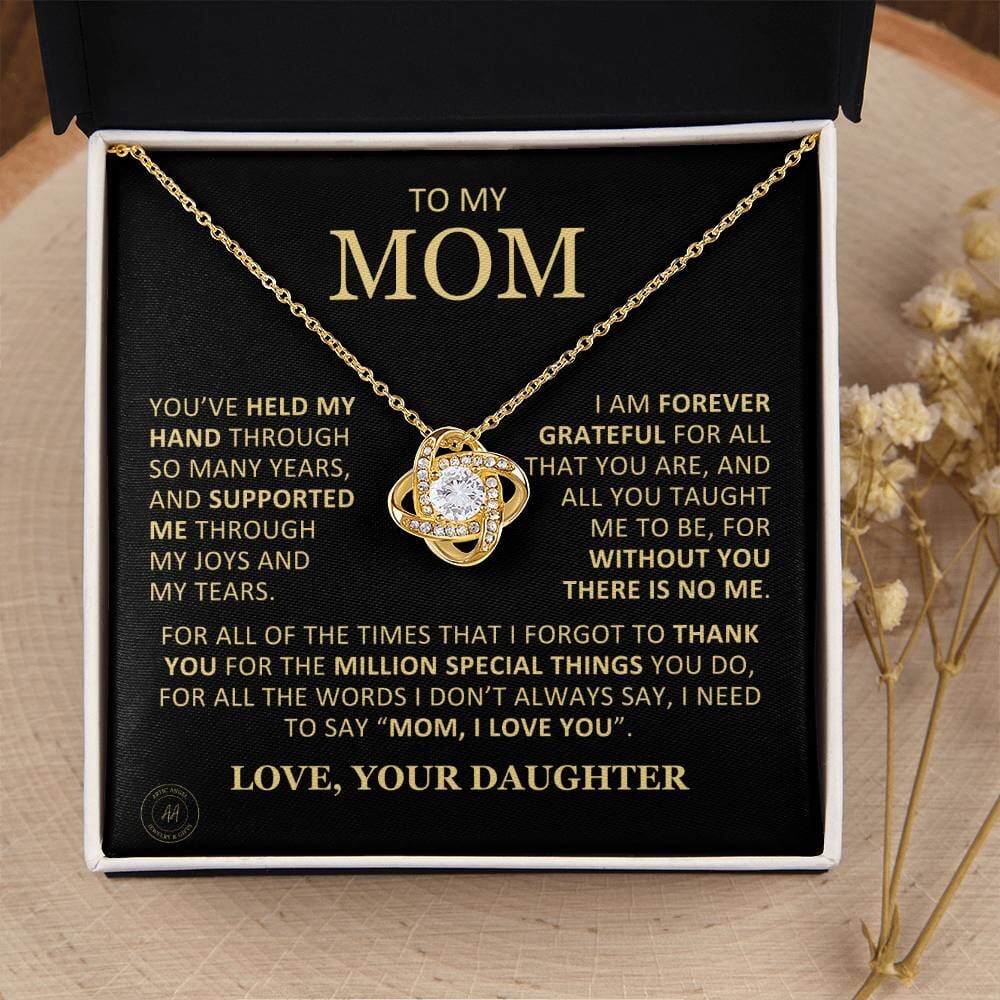 Beautiful Gift for Mom From Daughter "Without You There Is No Me" Knot Necklace Jewelry 18K Yellow Gold Finish Two-Toned Gift Box 