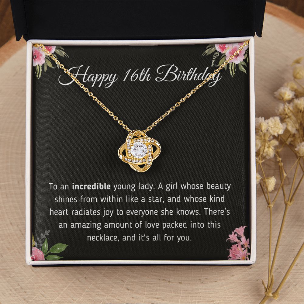 Happy 16th Birthday "Incredible Young Lady" Love Knot Necklace Jewelry 