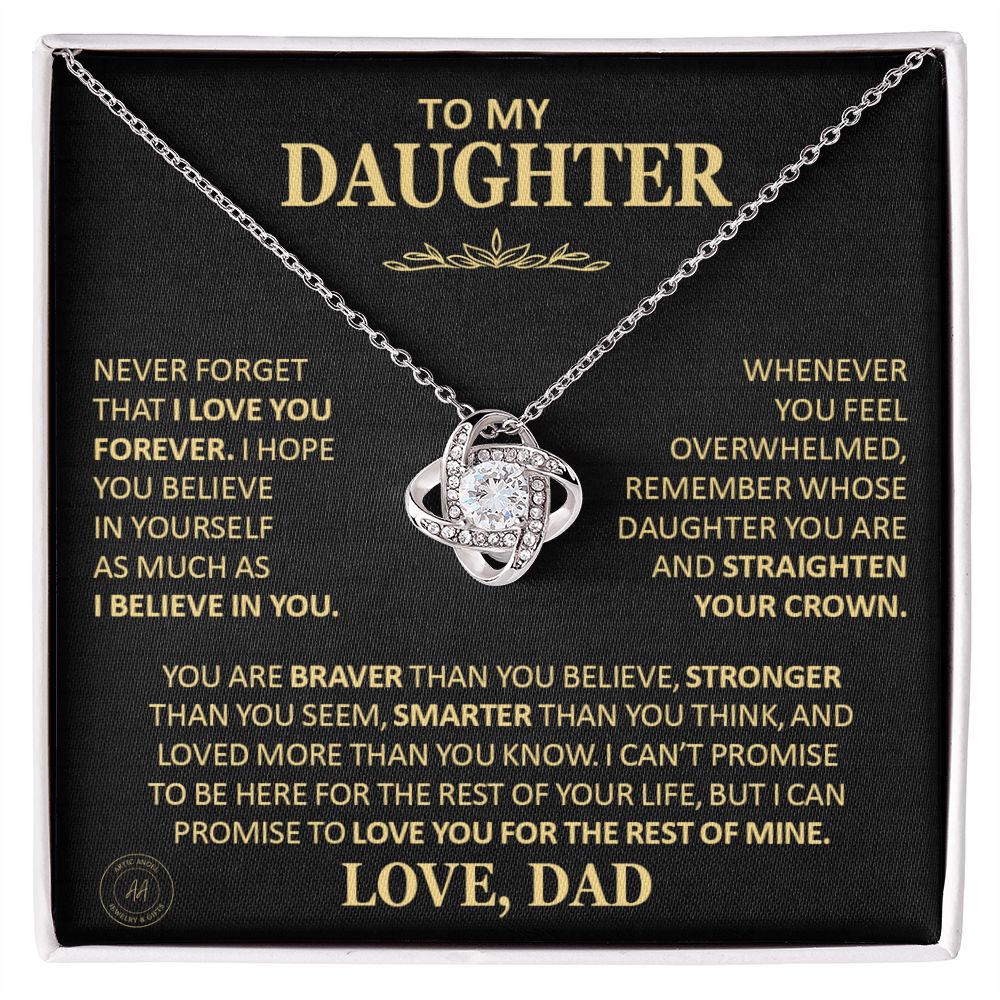 Beautiful Gift for Daughter From Dad "Never Forget That I Love You" Love Knot Necklace Jewelry 14K White Gold Finish Two-Toned Gift Box 