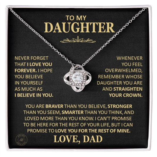 Beautiful Gift for Daughter From Dad "Never Forget That I Love You" Love Knot Necklace Jewelry 14K White Gold Finish Two-Toned Gift Box 