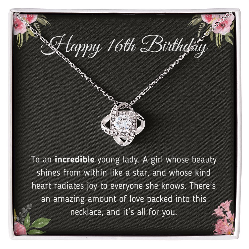 Happy 16th Birthday "Incredible Young Lady" Love Knot Necklace Jewelry 14K White Gold Finish Two-Toned Gift Box 