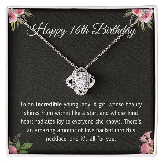 Happy 16th Birthday "Incredible Young Lady" Love Knot Necklace Jewelry 14K White Gold Finish Two-Toned Gift Box 