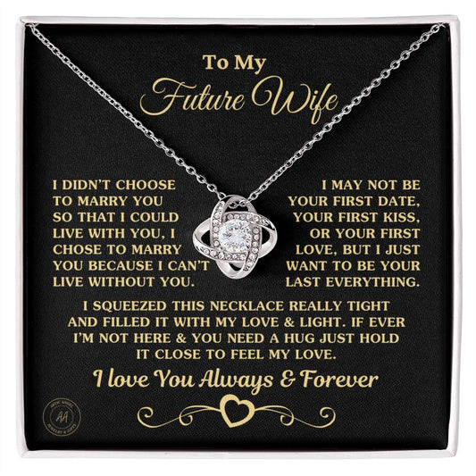Gift for Future Wife "I Can't Live Without You" Gold Knot Necklace Jewelry 14K White Gold Finish Two-Toned Gift Box 