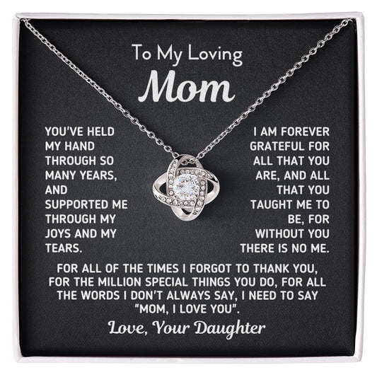 Gift for Mom From Daughter - "Without You There Is No Me" Gold Knot Necklace Jewelry 14K White Gold Finish Two-Toned Gift Box 